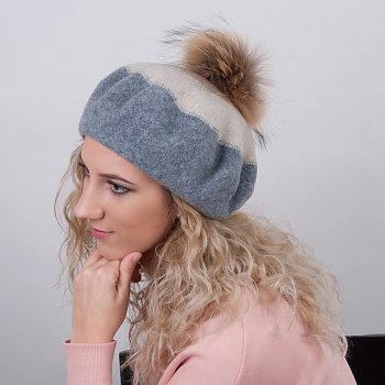 Beret Fletora_s fur pompoms grey